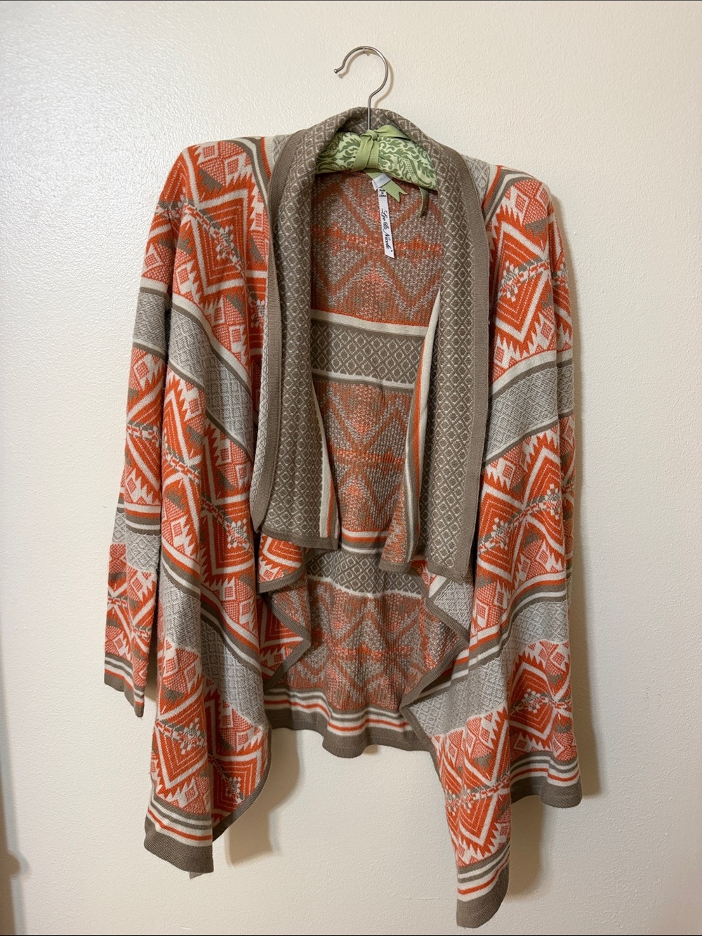 Open-Front Orange & Taupe Geometric Drape Cardigan